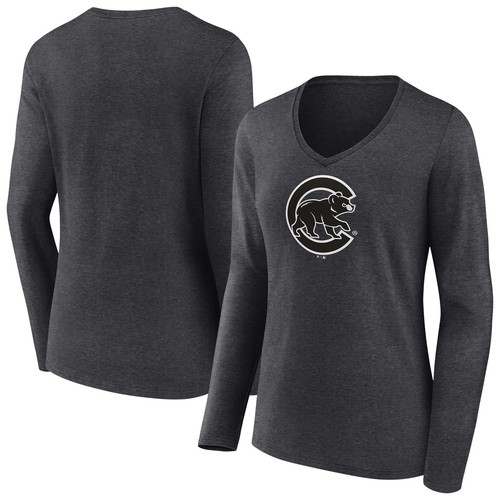 Damen-T-Shirt anthrazit Chicago Cubs einfarbig Langarm V-Ausschnitt