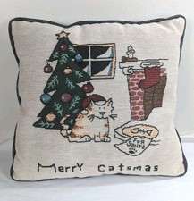 Vintage Tapestry Merry Catsmas Christmas Throw Pillow Holiday Decorative 11x11