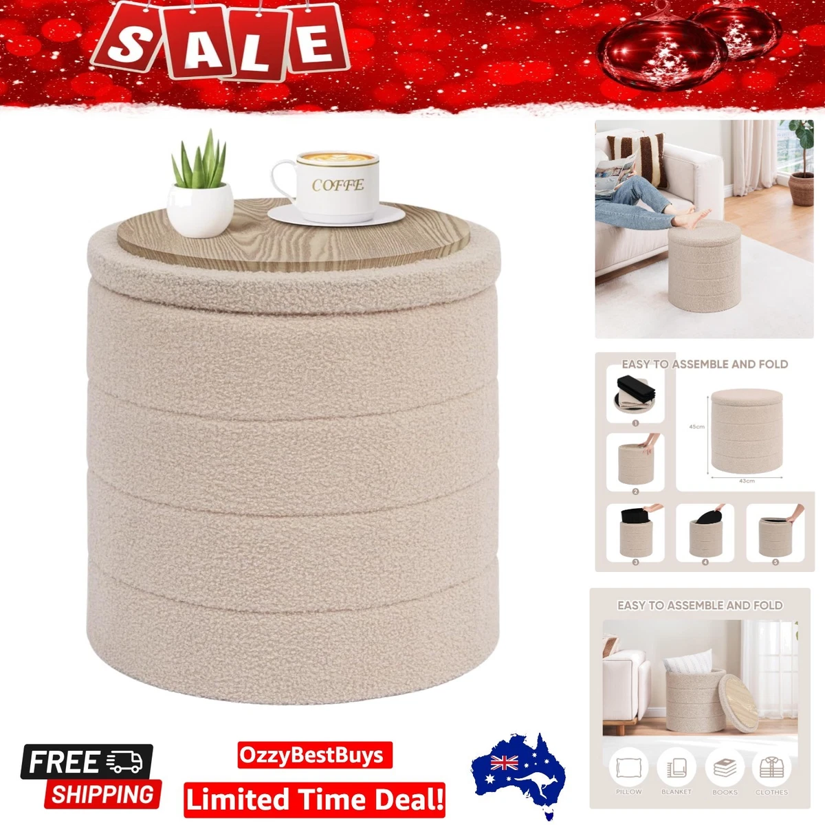Versatile 29.9 Inch Velvet Sherpa Ottoman - Stylish Storage Solution in Beige