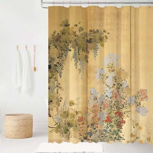 Japanese Shower Curtain Sets,Floral 72"W x 72"L (Pack of 1) Yellow and Coral - Picture 5 of 6