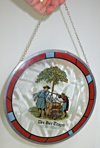 Vintage Glass German Window Catchers Der Bier Trager Beer Kegs Scene Metal Rim - Picture 2 of 6