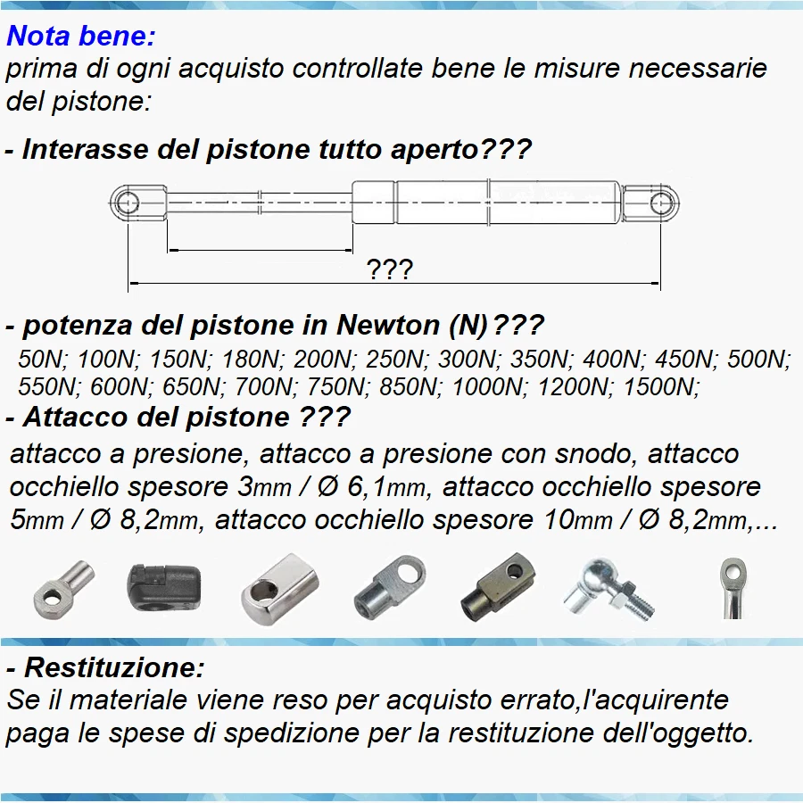 1 PISTONE A GAS MOLLA PER LETTO CONTENITORE - 24 TIPI DI INTERASSE A OCCHIELLO - Immagine 4 di 4