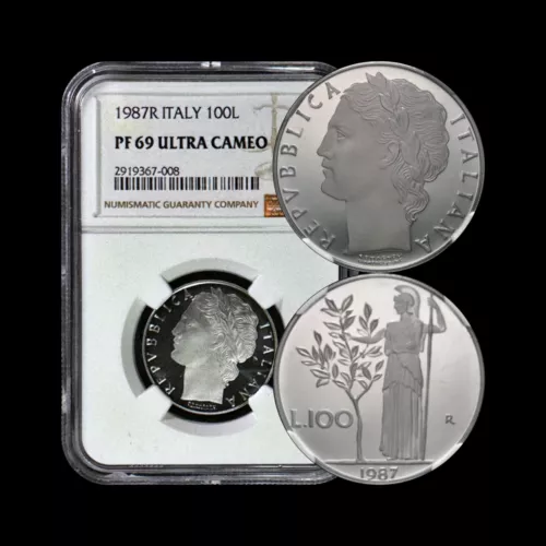 ITALY. 1987, 100 Lire - NGC PF69 - Top Pop 🥇 Goddess Minerva, Olive Tree, Spear
