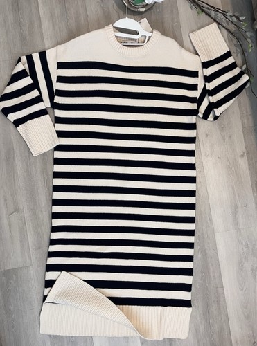 ZARA NAVY ECRU WOOL BLEND OVERSIZED STRIPED LONG KNIT DRESS SIZE S - Picture 2 of 11