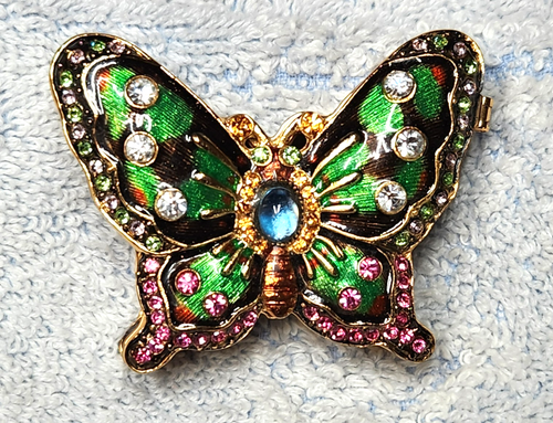 Green Enamel Bejeweled Metal Butterfly 2.5" Hinged Trinket Box - Picture 2 of 5