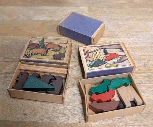 Mini juegos de fósforos de madera vintage de 3 juguetes años 50 Juri W. Alemania bisonte, coches, combustible - Imagen 5 de 5