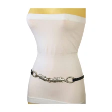 Women Blue Narrow Waistband Fashion Belt Silver Metal Chain Lizard Charm S M L
