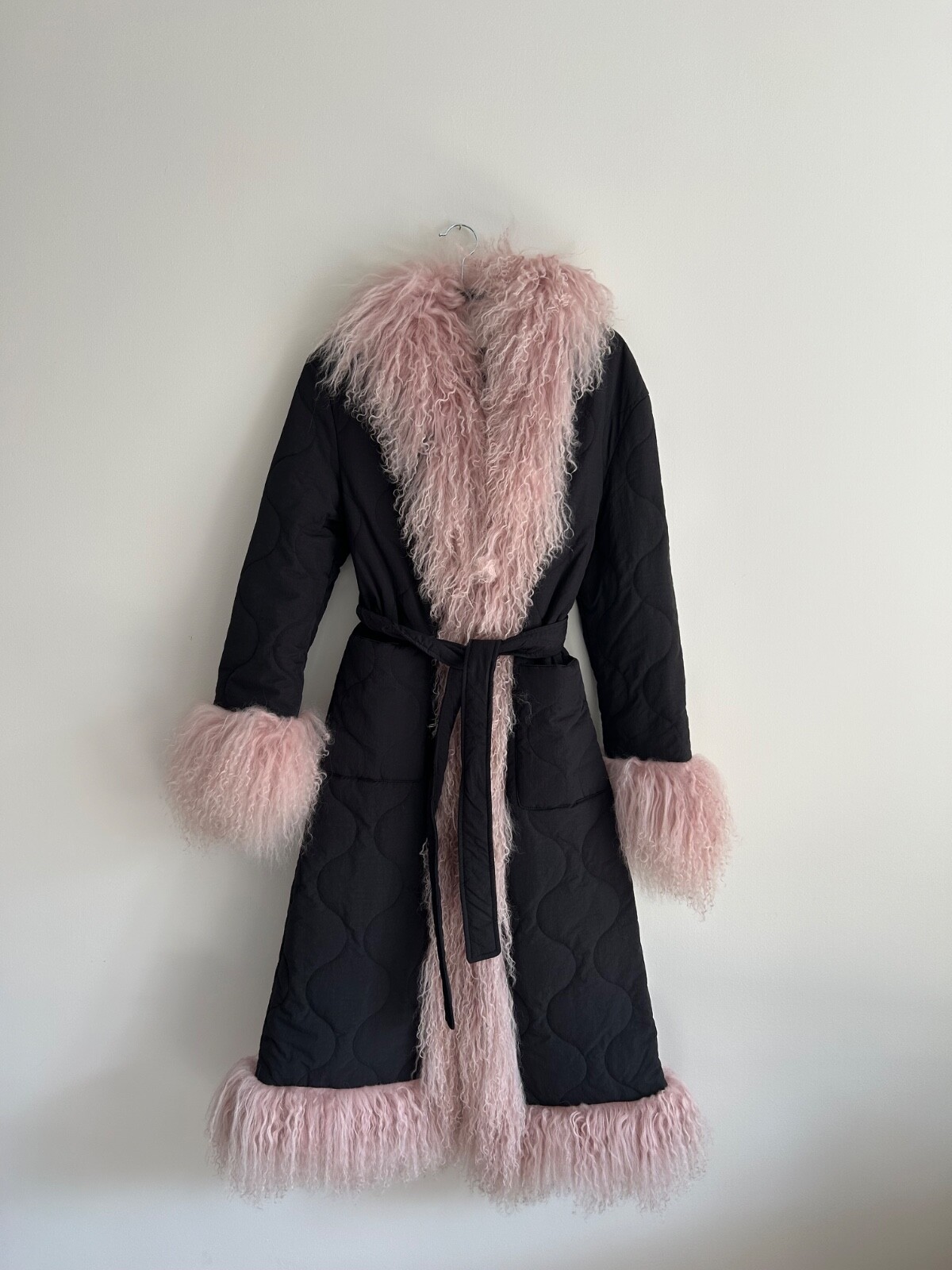 charlotte simone pink and black faux fur coat size medium women’s