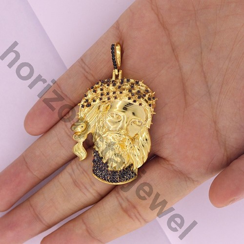 0.50 Ctw Lab Created Black Spinel 14K Yellow Gold Over Jesus Men's Pendant 2" - Picture 3 of 7