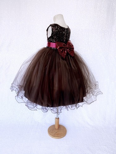 Brown Sequence 2 Layer Tulle Dress Flower Girl Wedding Birthday 2 4 6 8 10 12 14 - Picture 7 of 42