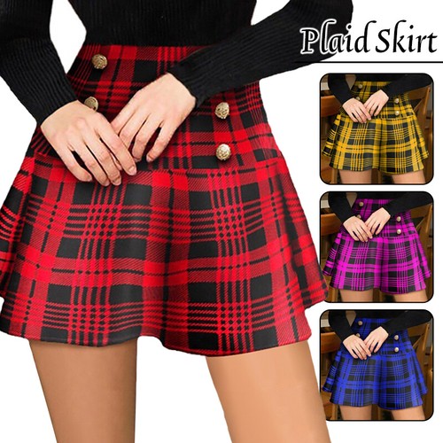 Womens Casual High Waist Skirt Ladies Plaid Check Print Punk Party Mini Skirt - Picture 1 of 14