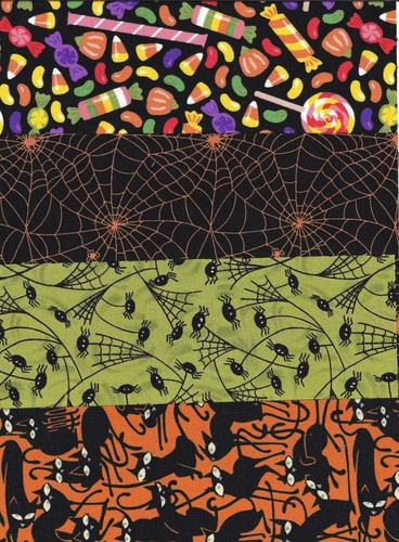 Halloween Fabric, Set of 12 Fat 1/8s, Cats, Dots, Orange, Black, Green Purple - Picture 2 of 4