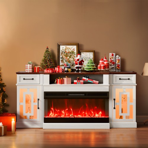 80 in Fireplace TV Stand 20 LED Lights Remote Control & Timer Brown+White - Picture 8 of 10