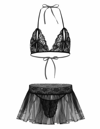 Set minigonna reggiseno Sissy uomo lingerie sexy intimo pizzo capezzolo spacco - Foto 13 di 49
