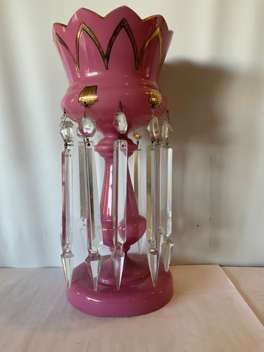 Antiguo Candelabro Rosa Opalino Manto Brillo GRANDE Cristal Prismas Dorado - Imagen 5 de 12