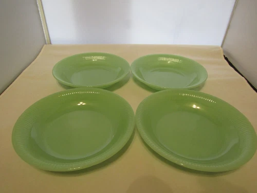4 Vintage FIRE KING Jadeite Glass Jane Ray Salad /Dessert Plates 7 1/2"