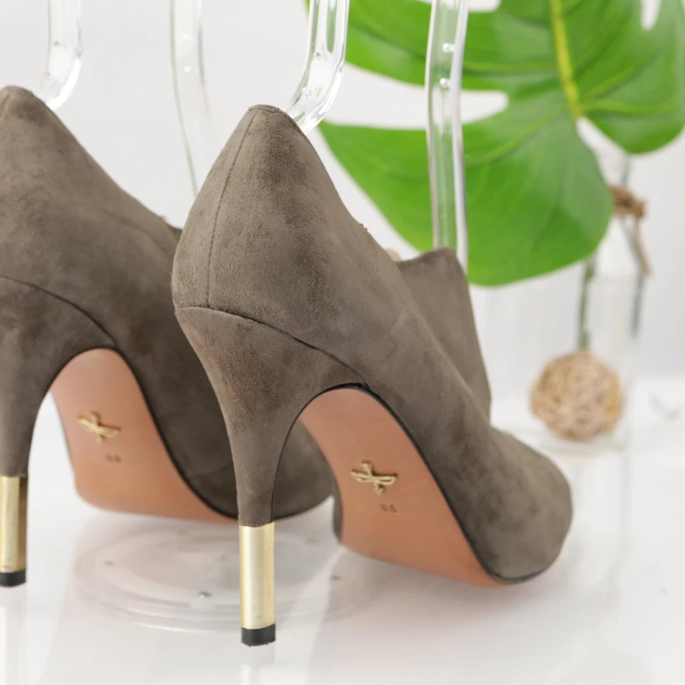 Botín Pour La Victoire para mujer talla 9,5 marrón topo gamuza punta abierta tacón dorado Foto 3 de 4