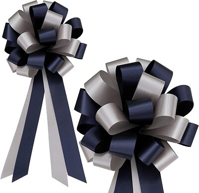 Navy Blue and Silver Pull Bows - 8'' Wide, Set of 6, Birthday, Wedding, Easter