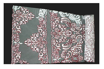 Lily White Franch Lace Fabric Burgundy Cording Beaded Floral Textile by Yardage