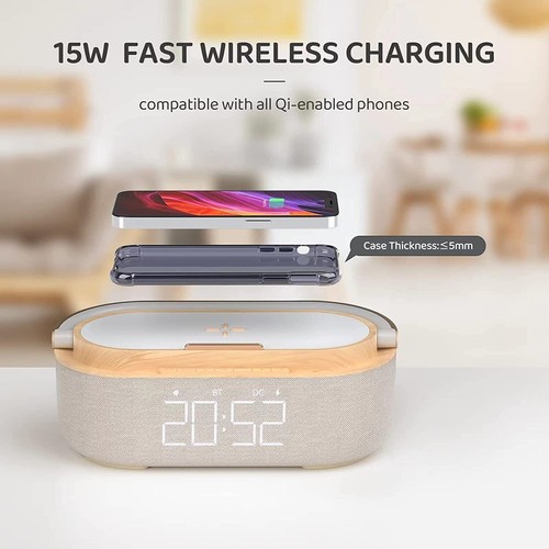 Bluetooth Speaker-FM Radio-15W Wireless Charger-Digital Alarm Clock Night Light - Photo 11 sur 14