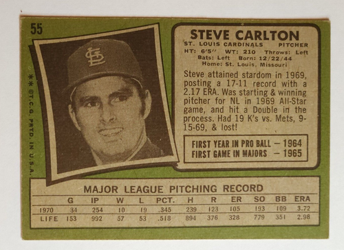 1971 Topps Baseball #55 STEVE CARLTON, St. Louis Cardinals, HOF, VG-VGEX - Picture 2 of 2
