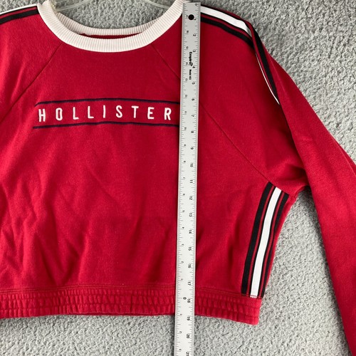Hollister Cropped Sweatshirt Size M Front Embroidered Logo Womens Red Striped - Picture 10 of 12