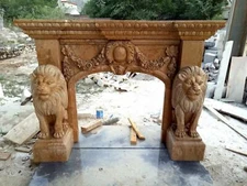 HEAVY CARVED MARBLE ESTATE LION FIREPLACE MANTEL - FPML60