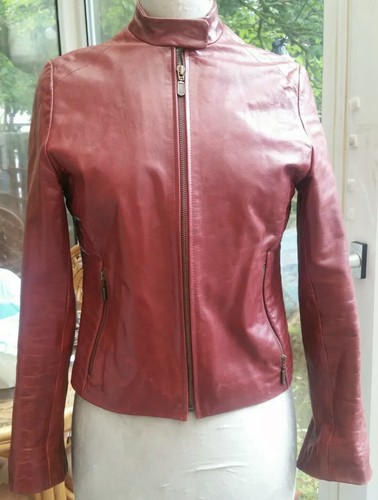 Next | Brand New Real Leather Ladies Biker Jacket Size 10 Dark Red Zip Pockets - Picture 2 of 12