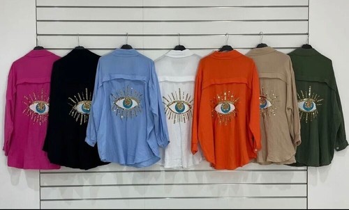 women's Ladies Sequin Eye Button Up Oversized Summer Tunic Shirt Mini Dress Tee - Picture 2 of 35