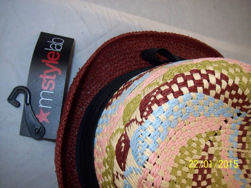 My Style Lab Woven Paper Straw Fedora Hat One Size Wine Multi Black Bow Band - Picture 2 of 3
