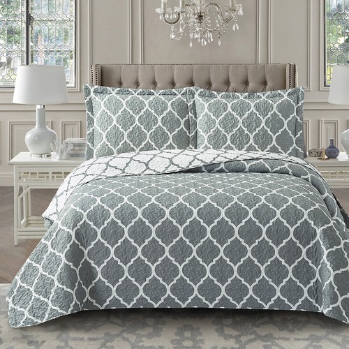 Meridian Printed Over-Sized 3PC Quilt Set Cotton Blend Reversible Coverlets - Picture 4 of 5