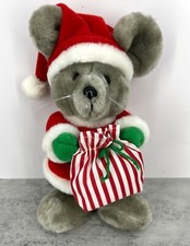 Vintage 1986 Dakin Plush Christmas Gray Mouse Santa With Striped Bag 8.5"
