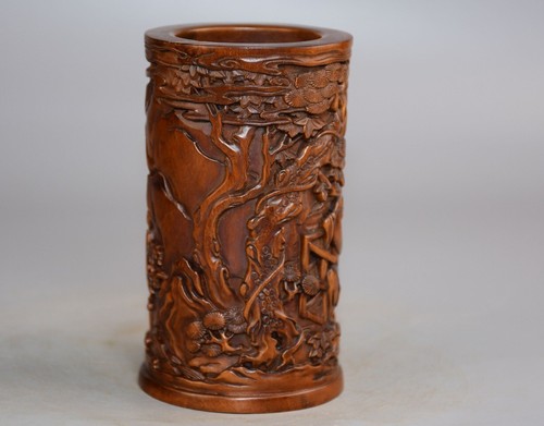 Collectible Chinese boxwood handmade carven figure statue exquisite brush pot - Picture 6 of 8