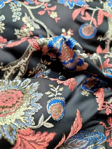 "Blue, Coral, and Black Floral Jacquard Brocade Fabric - Sold by the Yard for Up - Picture 8 of 16