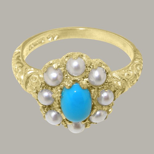 Massiver Damen-Cluster-Ring 9 kt Gelbgold natürlicher Türkis & Perle - Bild 4 von 5