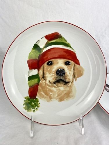 Juego de 4 platos de ensalada de postre Pier 1 cachorros perros vacaciones Navidad rojo 8" usados en excelente estado - Imagen 3 de 9