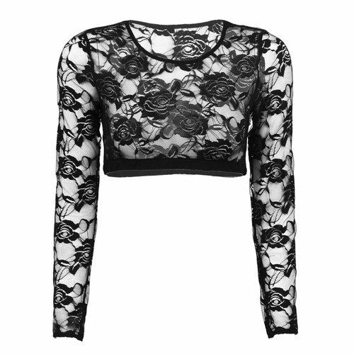 Sexy Women Lace Floral Long Sleeves Mesh Sheer Crop Tops Short T-Shirt Blouse - Picture 9 of 26