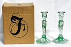 Vintage Pair of Hand Painted Fenton Green Glass Candle Holders