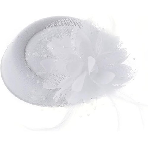 White Pillbox Flower Fascinator Women Hat Wedding Tea Party Feather Veil - Picture 2 of 5