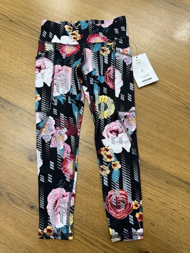 ATHLETIC WORKS Girl's XS 4-5 LEGGINGS Floral on Black STRETCH Pull-On - Picture 1 of 10