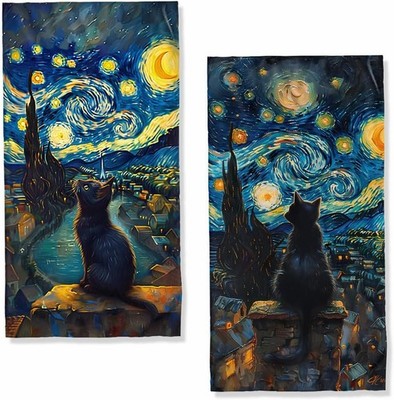 Black Cat Starry Night Bath Hand 28''L x 14''W, Night_25 