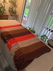 OPEN LACED Afghan Blanket Stip Brown Orange Cream 45" X 60" Crochet Knit, Fringe