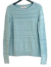 Loft Women's Mixed Stitch Textured Knit Long Sleeve Sweater Blue Cotton Size Sm
