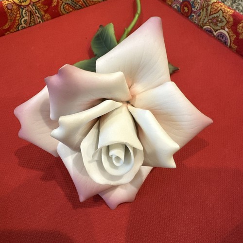 Vtg Large Porcelain Light Pink Rose with a Stem and Leaves Figurine Room Decor