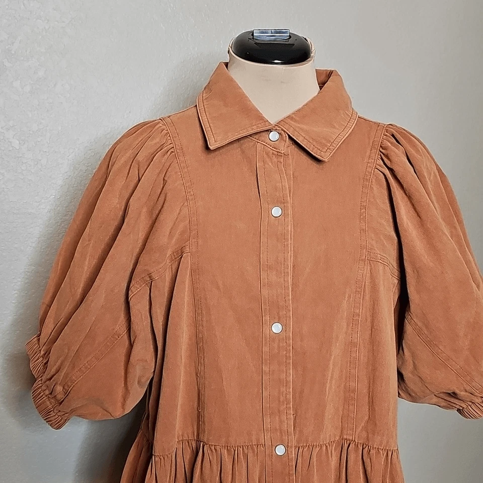 Shop The Mint XL Well Known Cinnamon Brown Denim Babydoll Puff Sleeve Dress - Image 3 of 4