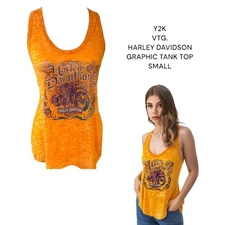 Y2K VTG. Harley Davidson ALL OVER GRAPHIC ORANGE BURN OUT TANK TOP SMALL  #3