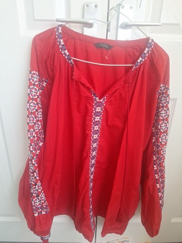 EVANS Blouse Womens Size Large Long Sleeve Embroidered Tassel Tie Keyhole