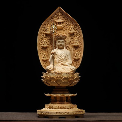 In Zypressenholz geschnitzt, ist die Buddha Statue von König Jizo Bodhisattva verankert - Bild 6 von 11