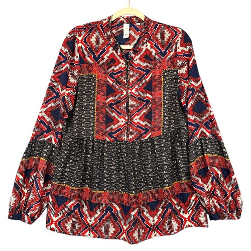 Blusa Bohemia Konrad Joseph Multicolor Manga Larga Estampada Botón Frontal Mediana