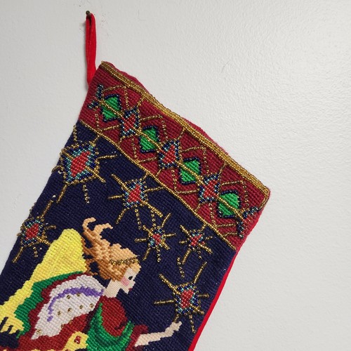 Vtg Handmade Needlepoint Beaded Stocking Herald Angel Christmas  Red Velvet - Picture 5 of 15